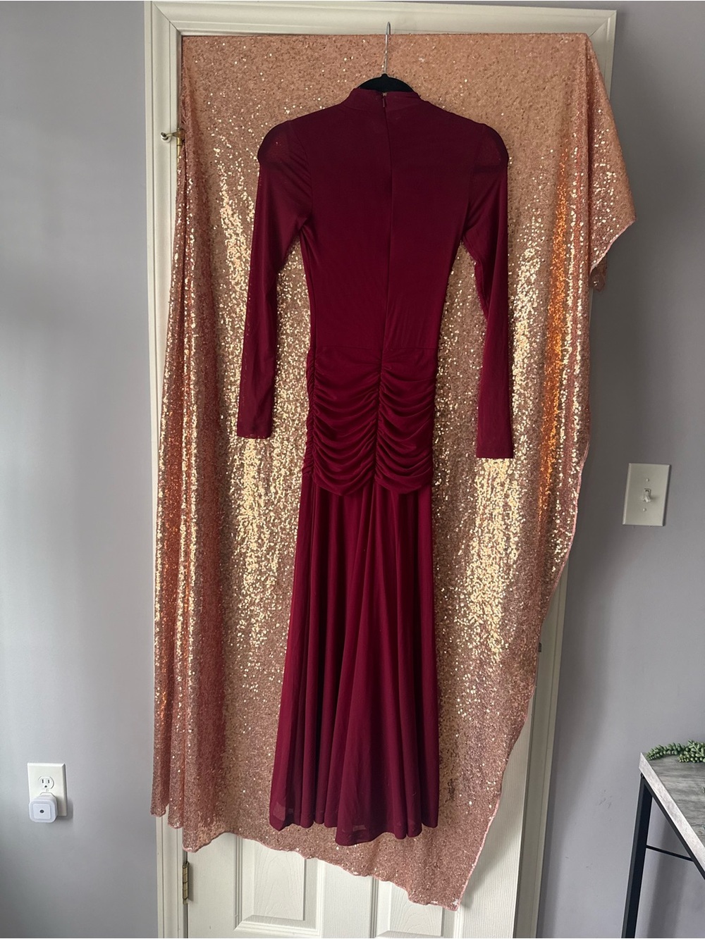 Bardot Burgundy Long Sleeve Ruched Back Maxi Dress